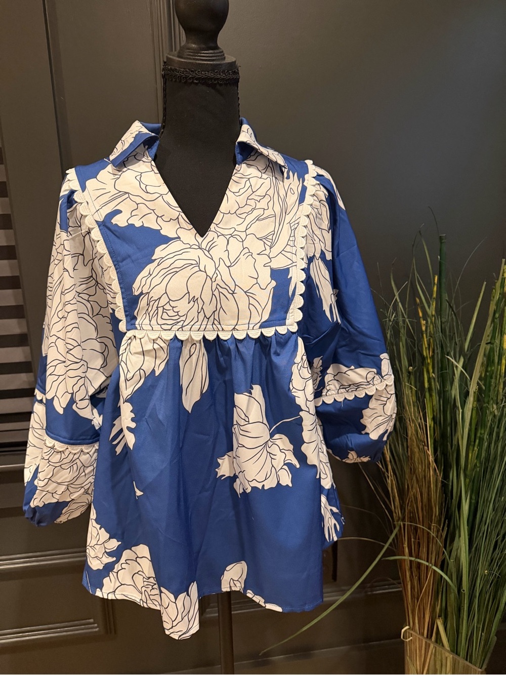 Blue and White Floral Top - V-Neck Tunic